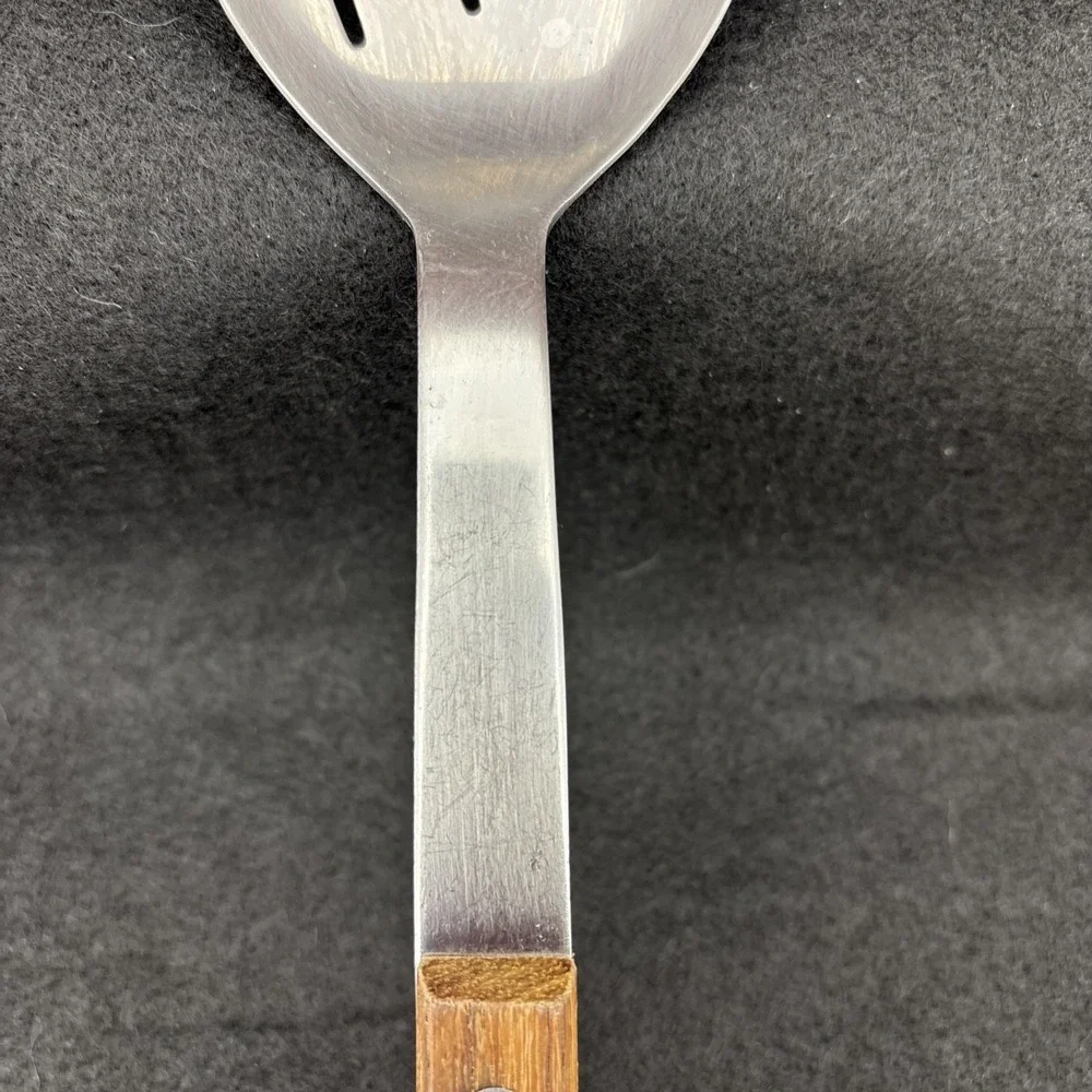 Vintage NO AD Barretts Japan Slotted Stainless Serving Spoon Wood Handle 10